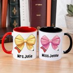 Personalized Pencil Coquette Bow 11oz Ceramic Coffee Mug with Name Teacher's Day Appreciation Gift for Teacher