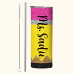 Personalized Glitter Apple Pencil Crayon 20oz Name Skinny Tumbler with Brush and Straw Birthday Appreciation Gift for Teacher
