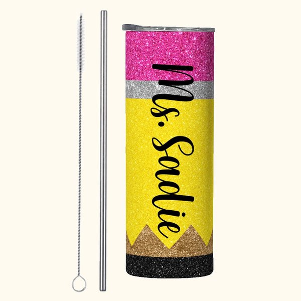 Personalized Glitter Apple Pencil Crayon 20oz Name Skinny Tumbler with Brush and Straw Birthday Appreciation Gift for Teacher