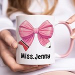 Personalized Pencil Coquette Bow 11oz Ceramic Coffee Mug with Name Teacher's Day Appreciation Gift for Teacher