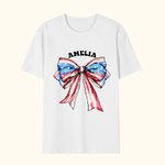 Personalized Red White Blue Bow 4th of July 100% Cotton Matching Baby Onesie Kid Adult T-shirt with Name American Independence Day Gift for Family