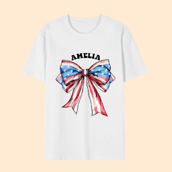Personalized Red White Blue Bow 4th of July 100% Cotton Matching Baby Onesie Kid Adult T-shirt with Name American Independence Day Gift for Family