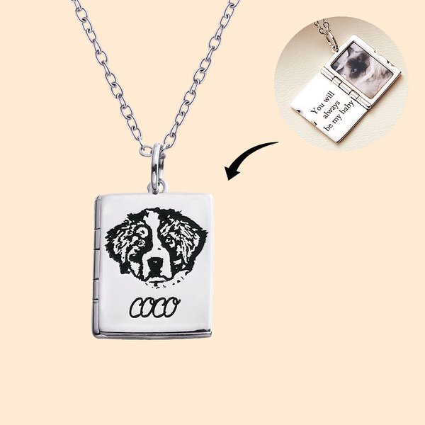 Personalizado Grabado Pet Retrato Libro Relicario Collar con Foto Nombre Regalo de cumpleaños para el amante del animal doméstico
