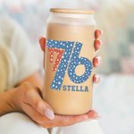 Personalized American Flag 1776 Bow Tie 20oz Glass Tumbler with Name and Straw 4th of July Independence Day Gift for Her