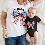 Personalized Red White Blue Bow 4th of July 100% Cotton Matching Baby Onesie Kid Adult T-shirt with Name American Independence Day Gift for Family
