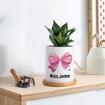 Vaso per piante in ceramica e base in bambù con nome Coquette Bow Pencil Regalo di ringraziamento per gli insegnanti per il ritorno a scuola