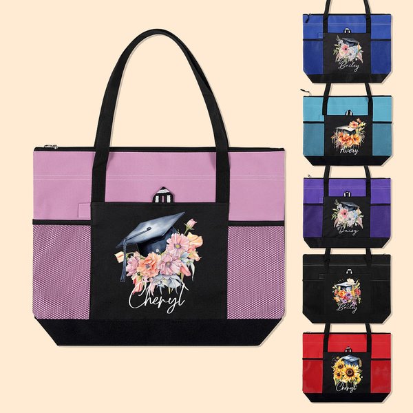 Personalized Flower Bouquet Graduation Cap Tote Bag with Zipper and Name Large Capacity Travel Accessory Graduation Gift for Her