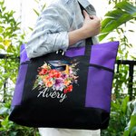 Personalised Flower Bouquet Graduation Cap Tote Bag with Zipper and Name Large Capacity Travel Accessory Graduation Gift for Her