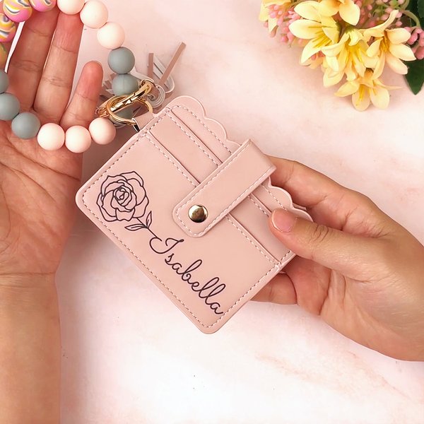 Wallet Keychain Wristlet for Women, Credit Card Holder with Personalized Birth Flower and Name，Birthday Gift for Her