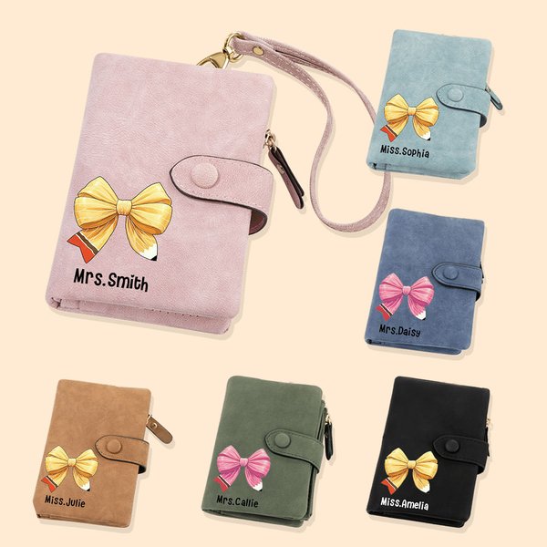 Embroidered Coquette Bow Leather Wallet with Name