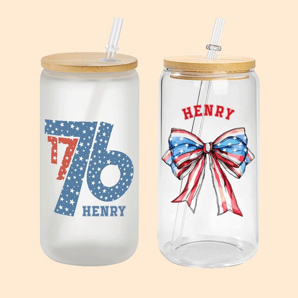 Personalized American Flag 1776 Bow Tie 20oz Glass Tumbler with Name and Straw 4th of July Independence Day Gift for Her