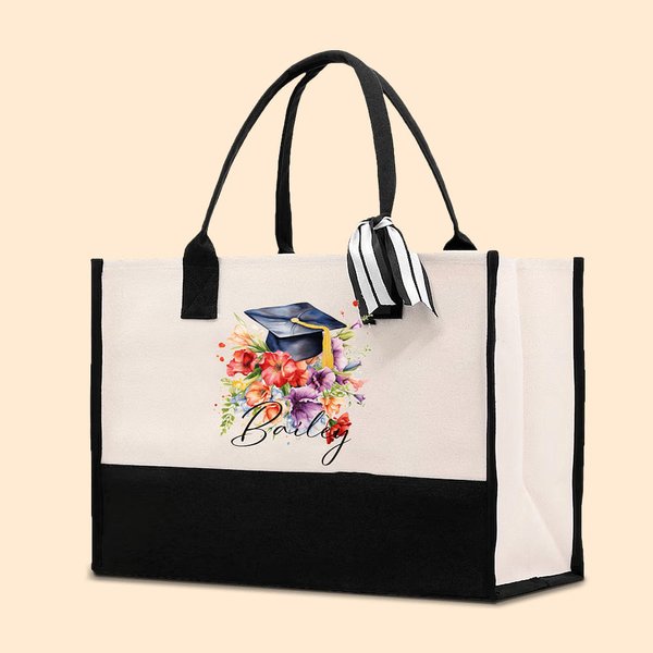 Bouquet di fiori personalizzato Cappello di laurea Borsa di tela con nome Regalo di laurea commemorativo di grande capacità per lei