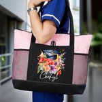 Personalised Flower Bouquet Graduation Cap Tote Bag with Zipper and Name Large Capacity Travel Accessory Graduation Gift for Her
