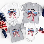Personalized Red White Blue Bow 4th of July 100% Cotton Matching Baby Onesie Kid Adult T-shirt with Name American Independence Day Gift for Family