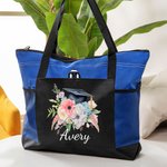 Personalised Flower Bouquet Graduation Cap Tote Bag with Zipper and Name Large Capacity Travel Accessory Graduation Gift for Her