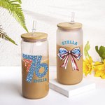 Personalized American Flag 1776 Bow Tie 20oz Glass Tumbler with Name and Straw 4th of July Independence Day Gift for Her