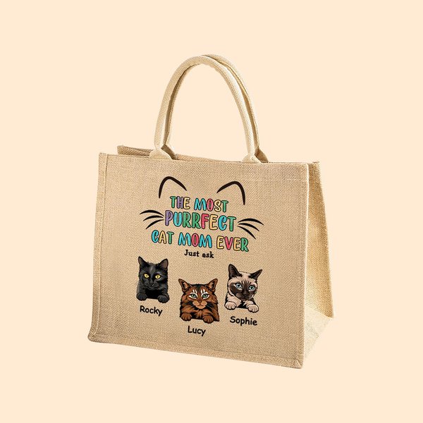 Personalized The Most Purrfect Cat Mom Ever Jute Tote Bag with 1-6 Cat's Name Large Capacity Birthday Travel Accessory Gift for Cat Lover