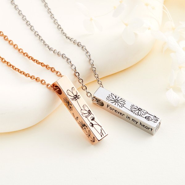 Engraved Ashes Urn Bar Necklace Birth Flower Text