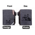 Portefeuille pour Homme Personnalisé avec Photo Initiale Prénom Gravés Porte-billet Triple-pli en Cuir Cadeau Anniversaire Fête des Pères