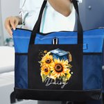 Personalised Flower Bouquet Graduation Cap Tote Bag with Zipper and Name Large Capacity Travel Accessory Graduation Gift for Her