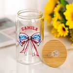 Personalized American Flag 1776 Bow Tie 20oz Glass Tumbler with Name and Straw 4th of July Independence Day Gift for Her