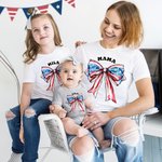 Personalized Red White Blue Bow 4th of July 100% Cotton Matching Baby Onesie Kid Adult T-shirt with Name American Independence Day Gift for Family