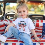 Personalized Red White Blue Bow 4th of July 100% Cotton Matching Baby Onesie Kid Adult T-shirt with Name American Independence Day Gift for Family