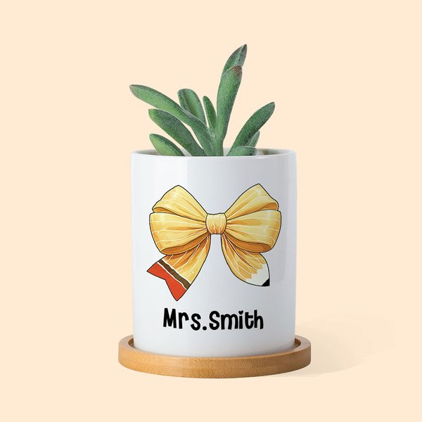 Vaso per piante in ceramica e base in bambù con nome Coquette Bow Pencil Regalo di ringraziamento per gli insegnanti per il ritorno a scuola