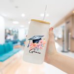 Personalized Floral Graduation Cap 20oz Name Drinking Glasses with Bamboo Lids and Glass Straw Class of 2025 Graduation Gift for Graduates