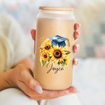 Personalized Floral Graduation Cap 20oz Name Drinking Glasses with Bamboo Lids and Glass Straw Class of 2025 Graduation Gift for Graduates