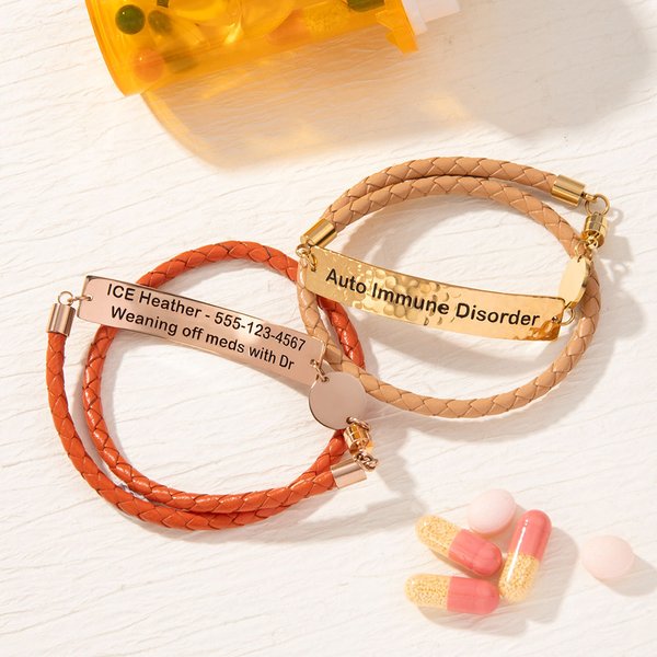 Alerta Médica Personalizada Martillado ID Tag Doble Envoltura PU Pulsera de cuero con cierre magnético y el texto grabado de Supervivencia de Emergencia Regalo para Hombres Mujeres