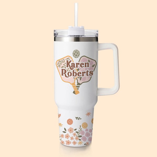 Personalisierte Retro Blume Pickleball Paddles 40oz Name Becher mit Strohhalm und Griff Geburtstag Graduierung Geschenk für Sportliebhaber