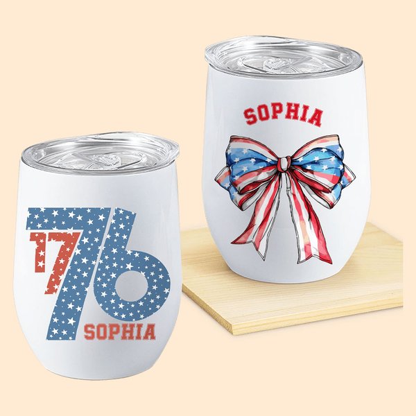 Personalized American Flag 1776 Bow Tie 12oz Name Wine Tumbler Cup with Straw Independence Day 4th of July Gift for Family Friend