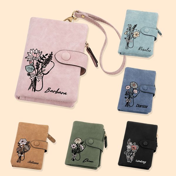 Tri-Fold Stethescope Bow Birth Flower Bouquet Leather Wallet