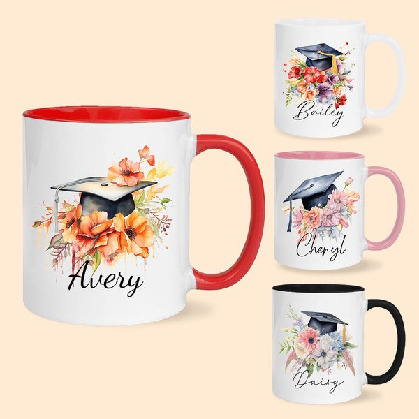 Personalized Floral Graduation Cap 11oz Ceramic Mug with Name Class of 2025 Graduation Gift for Graduates