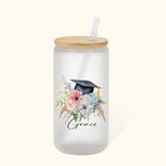 Personalized Floral Graduation Cap 20oz Name Drinking Glasses with Bamboo Lids and Glass Straw Class of 2025 Graduation Gift for Graduates