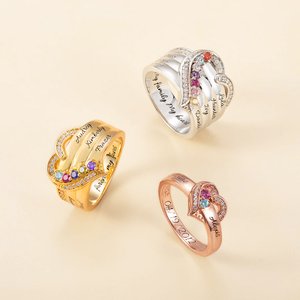 Personalised 1-8 Birthstones Heart Design Ring with Engraved Names Family Jewellery Birthday Mother's Day Gift for Women