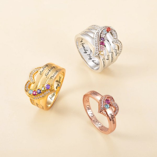 Personalized 1-8 Birthstones Heart Design Ring with Engraved Names Family Jewelry Birthday Mother's Day Gift for Women