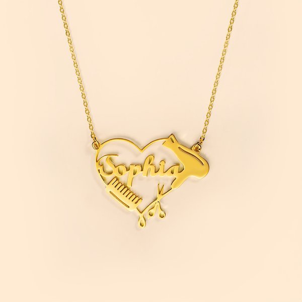 Heart Scissor Comb Hair Dryer Necklace with Name