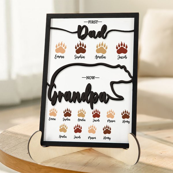 Personalised First Dad Now Grandpa Papa Bear Wooden Plaque Frame with Kids Names Father's Day Birthday Gift for Him
