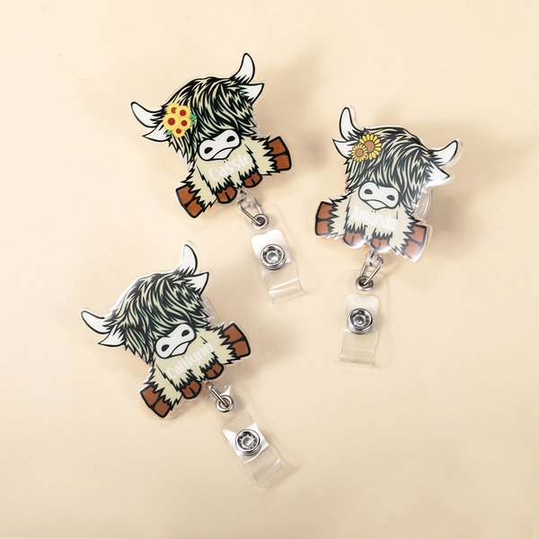 Personalized Cute Sunflower Highland Cow Retractable Acrylic Badge Reel ID Clip with Name Birthday Gift for Highland Cow Lovers