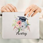 Personalisierte Aquarell Blume Grad Cap Tragbare Leinen Schminktasche mit Namen und Handschlaufe Graduierung Geschenk für Absolventen