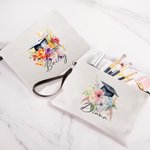 Personalisierte Aquarell Blume Grad Cap Tragbare Leinen Schminktasche mit Namen und Handschlaufe Graduierung Geschenk für Absolventen