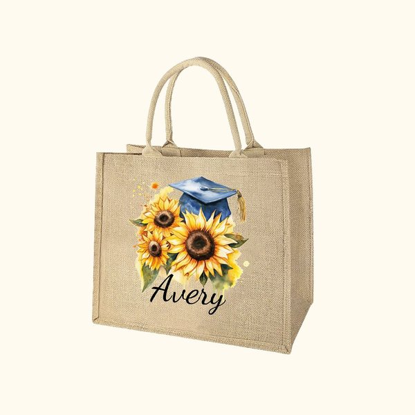 Personalised Flowers and Grad Cap Large Jute Tote Bag with Name Graduation Gift for Graduates Seniors