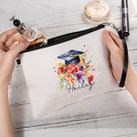 Personalisierte Aquarell Blume Grad Cap Tragbare Leinen Schminktasche mit Namen und Handschlaufe Graduierung Geschenk für Absolventen