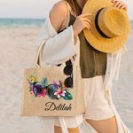 Sac à Main Personnalisé avec Nom Style Lunettes Chaise de Plage Tongs Sac en Jute de Grande Capacité Cadeau Voyage Vacances d'Été pour Femme
