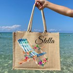 Sac à Main Personnalisé avec Nom Style Lunettes Chaise de Plage Tongs Sac en Jute de Grande Capacité Cadeau Voyage Vacances d'Été pour Femme