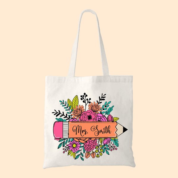 Personalizzato Helping Little Minds Grow Flowers Pencil Canvas Tote Bag con nome Regalo di stagione della scuola per la festa dell'insegnante