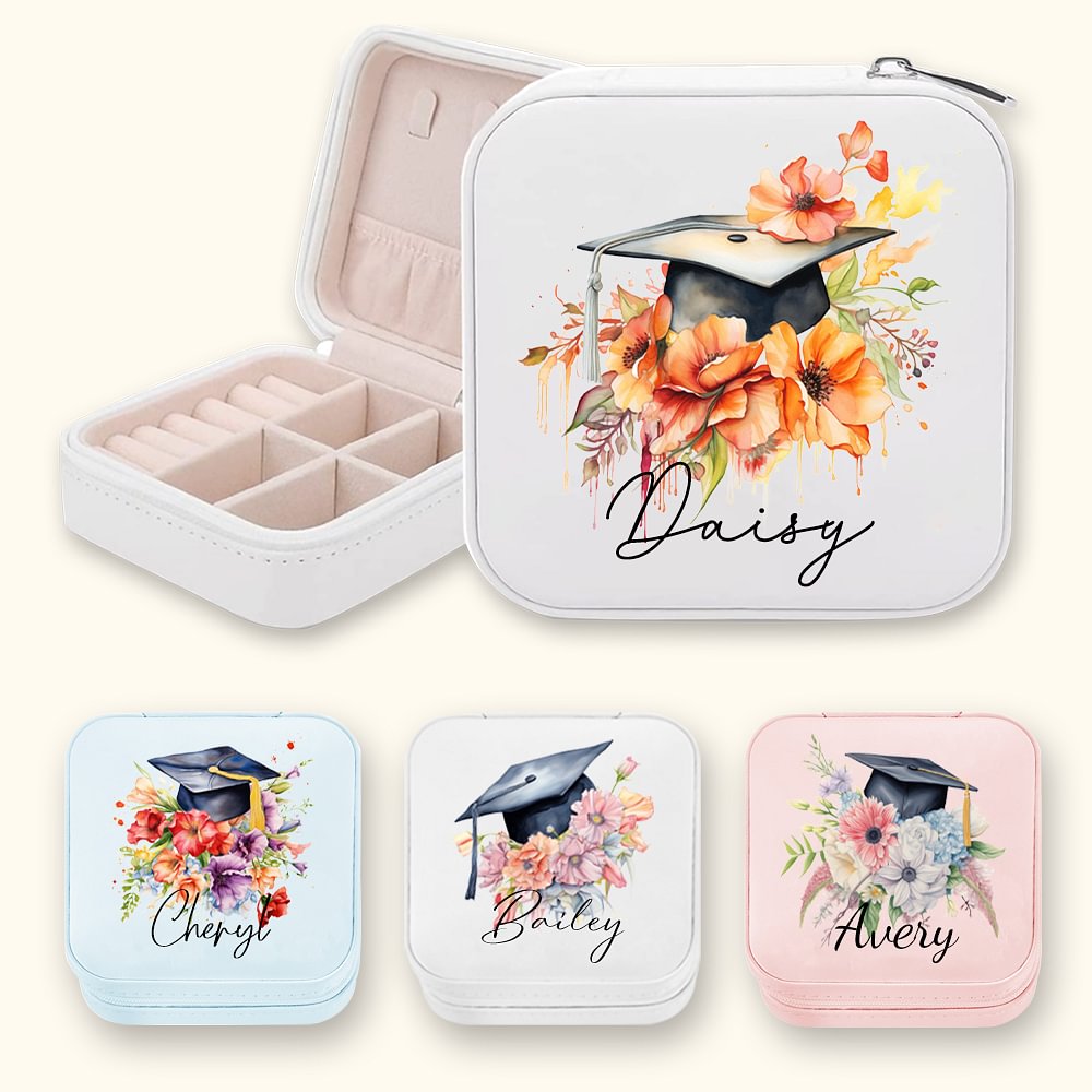 Boîte à Bijoux en Cuir Personnalisée avec Nom à Motif Bouquet et Chapeau de Dipmôme Cadeau Fin d'Études pour Femme