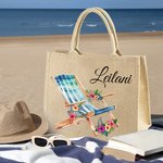 Sac à Main Personnalisé avec Nom Style Lunettes Chaise de Plage Tongs Sac en Jute de Grande Capacité Cadeau Voyage Vacances d'Été pour Femme